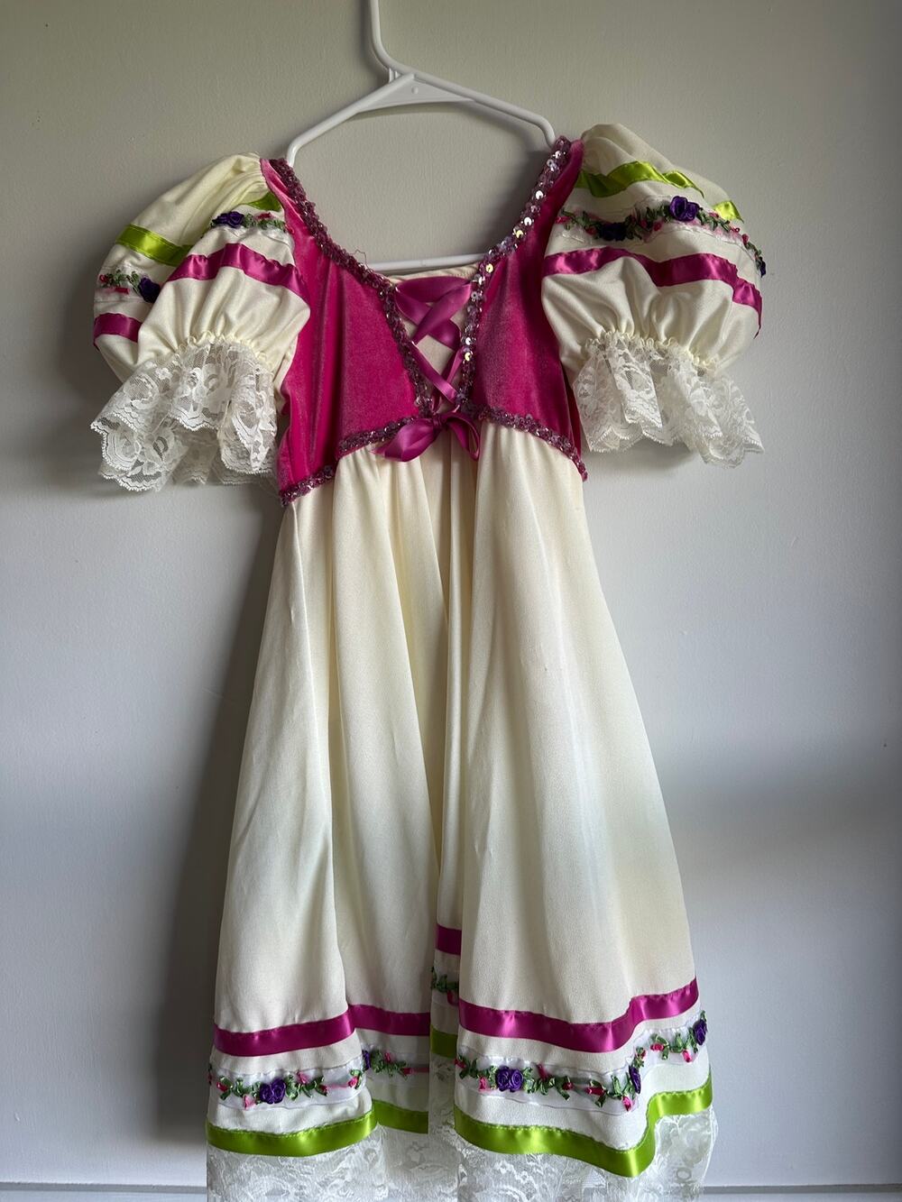 Revolution Dancewear Fuchsia Pink Ivory Ribbon Lace Ballet Lyrical Costume Dress